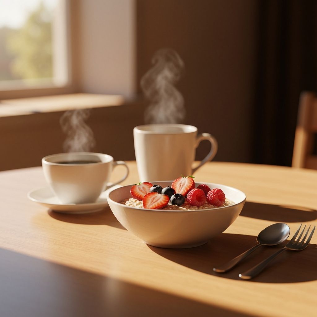 Frühstücksszene mit Haferflocken und Früchten